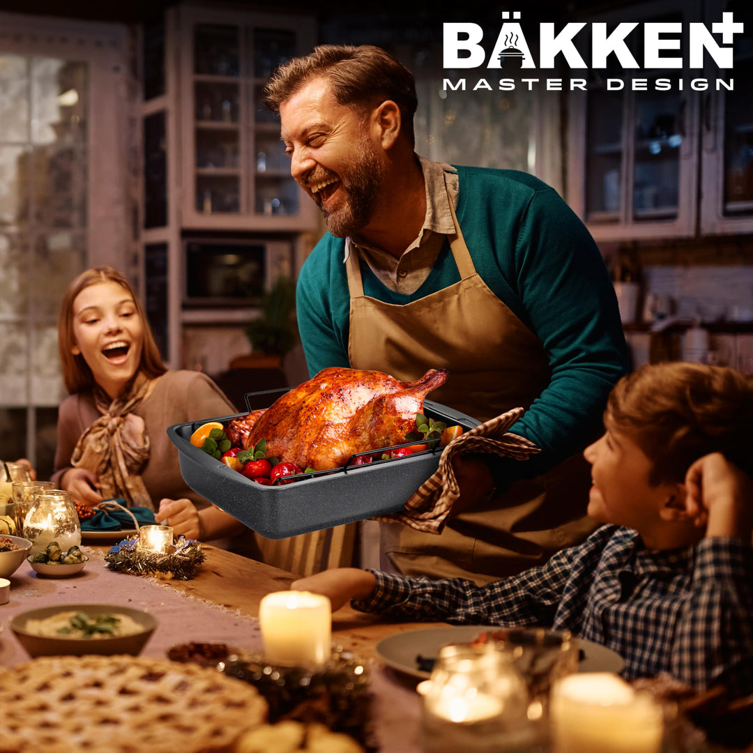 BAKKEN Nonstick Turkey Roasting Pan with Rack – 17 X 13 inch,  Large Heavy-Duty Carbon Steel Roasting Pan, Wide Handles, Versatile for Baking, Grilling, & Roasting, Oven Safe Up to 450°F, Gray Marble