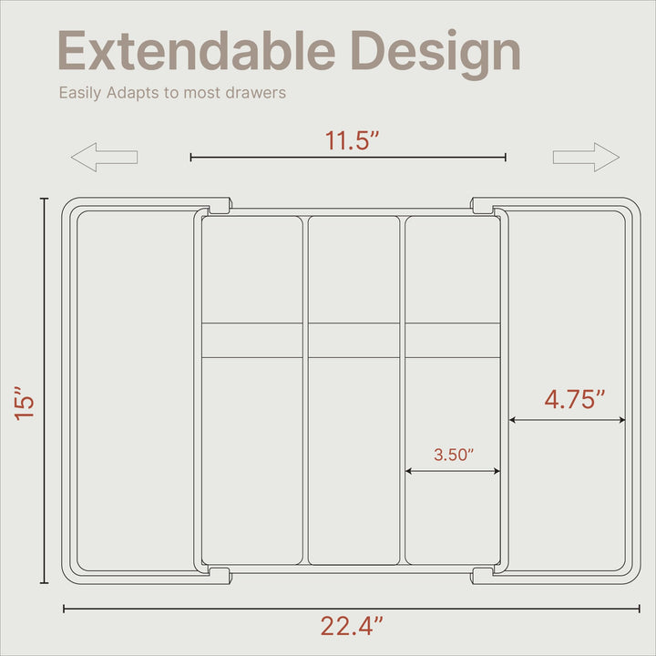 Gray Expandable Utensil Drawer Organizer 1 Pack, Adjustable 13” to 22.4”, 5 Compartment Silverware Organizer for Kitchen Utensils, Spatulas, Cutlery, and Tools, Easy to Clean, Durable, and BPA-Free