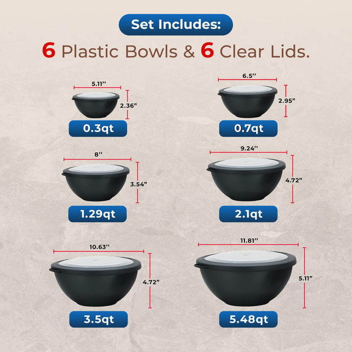 Bakken Master 12 Piece Plastic Nesting Bowls with Lids - Mixing Bowls Set includes 6 Prep Bowls and 6 Lids, BPA-Free, Reusable Meal Prep Containers, Microwave, Freezer & Dishwasher Safe, Gray