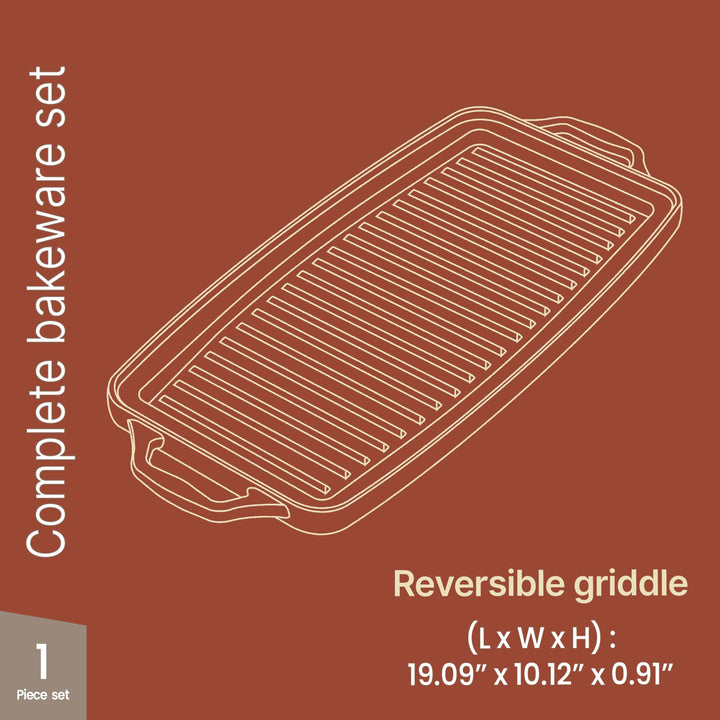 Bakken 19” Reversible Cast Iron Griddle, Flat & Grill Side, Dual Burner Cooking Plate for Pancakes, Meats & Veggies, Pre-Seasoned, Nonstick, Oven & Campfire Safe, Heavy-Duty Griddle Top with Mitt
