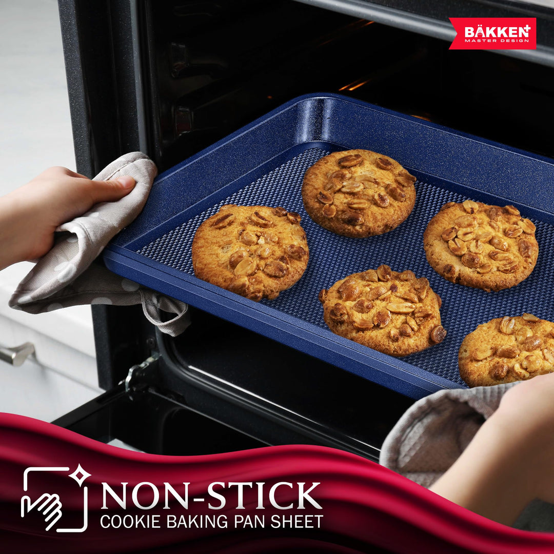 BAKKEN Kitchen Baking Pans - Nonstick Blue Coating, 13.58’’ × 9.65’’ Commercial Grade Carbon Steel Cookie Sheet, Diamond Texture Bottom, PFOA, PFOS, PTFE Free, Oven Safe Tray (450°F), Blue