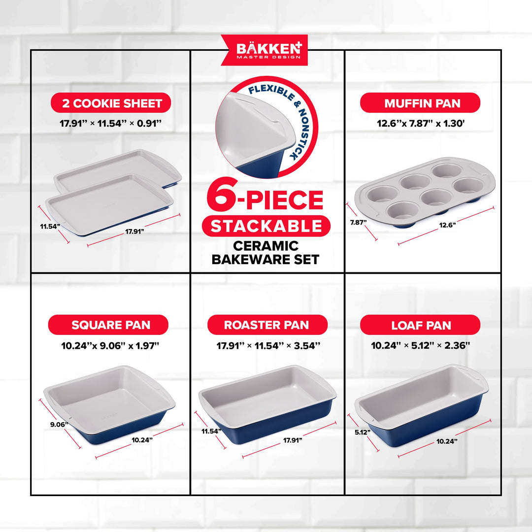 BAKKEN 6-Piece Kitchen Baking Pan Set - Royal Blue Color with Gray Ceramic Nonstick Coating, Commercial Grade Carbon Steel Bakeware, Baking Essentials, PFOA, PFOS, PTFE Free, Oven Safe (Up To 450° F)