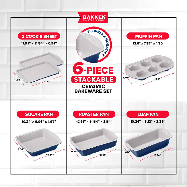 BAKKEN 6-Piece Kitchen Baking Pan Set - Royal Blue Color with Gray Ceramic Nonstick Coating, Commercial Grade Carbon Steel Bakeware, Baking Essentials, PFOA, PFOS, PTFE Free, Oven Safe (Up To 450° F)