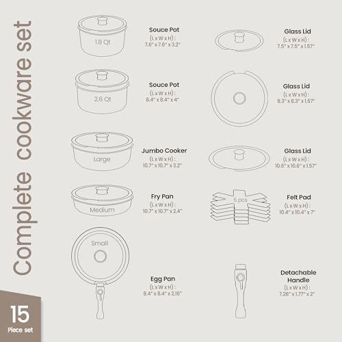 Bakken 17-Piece Nonstick Ceramic Granite Cookware Set, Detachable Handle Pots