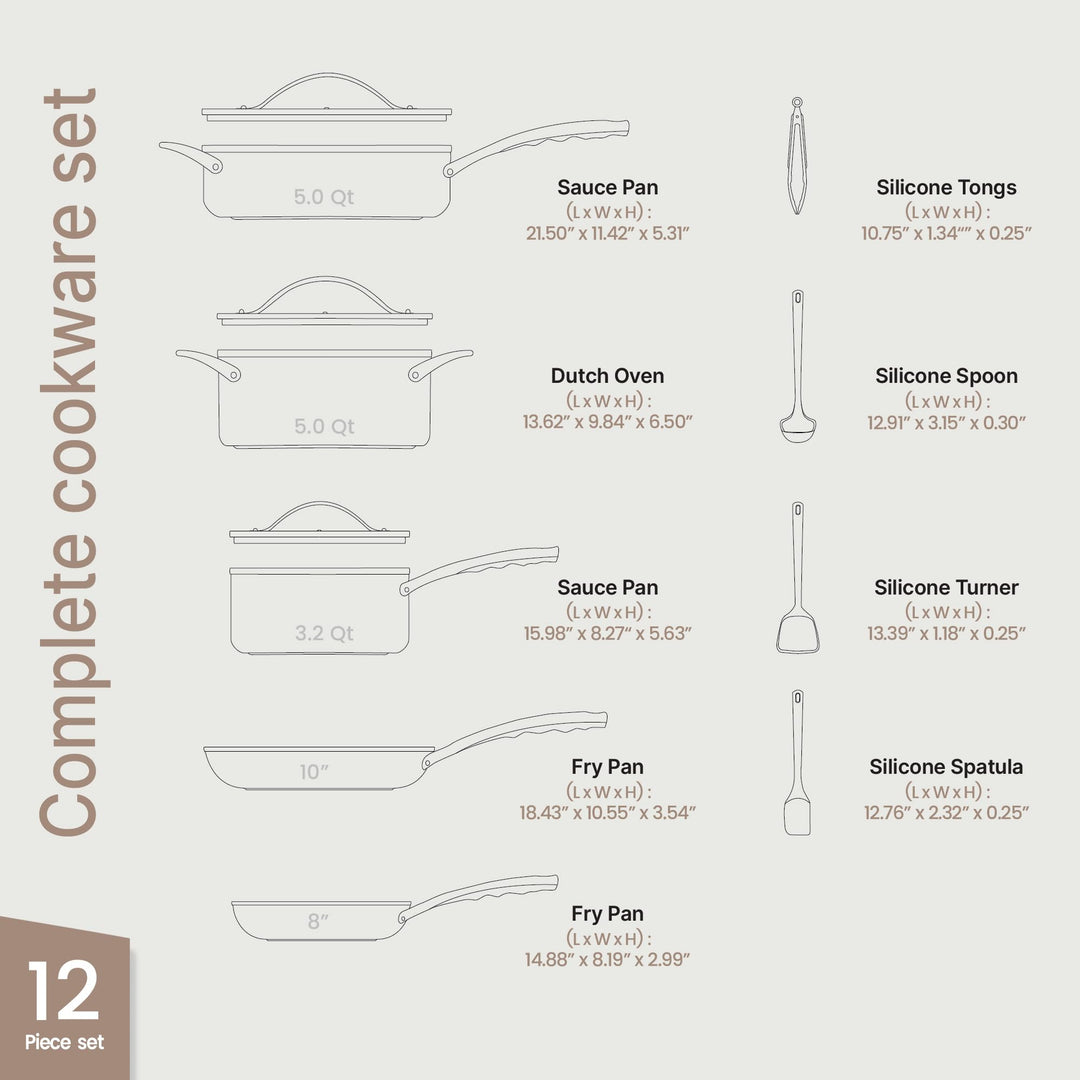 Bakken 12-Piece Ceramic Nonstick Cookware Set, Pots and Pans with Silicone Utensils, Even Heat Distribution, Induction Compatible, Dishwasher Safe, Complete Kitchen Cooking Set