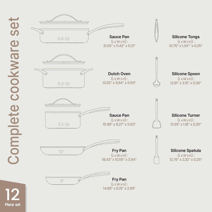 Bakken 12-Piece Ceramic Nonstick Cookware Set, Pots and Pans with Silicone Utensils, Even Heat Distribution, Induction Compatible, Dishwasher Safe, Complete Kitchen Cooking Set