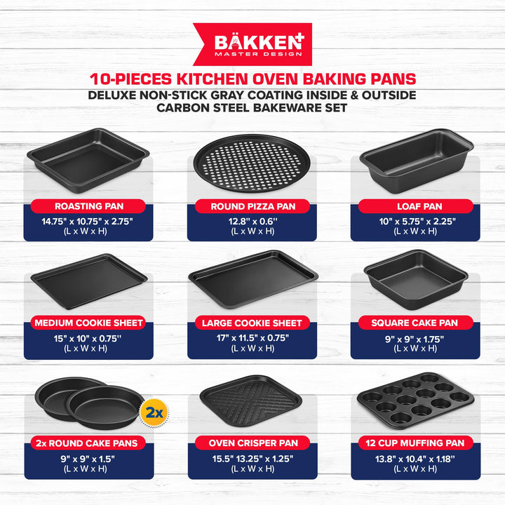 Baking Set – 10 Piece – Deluxe Non Stick Black Coating Inside and Outside – Carbon Steel Bakeware Set – PFOA PFOS and PTFE Free by Bakken