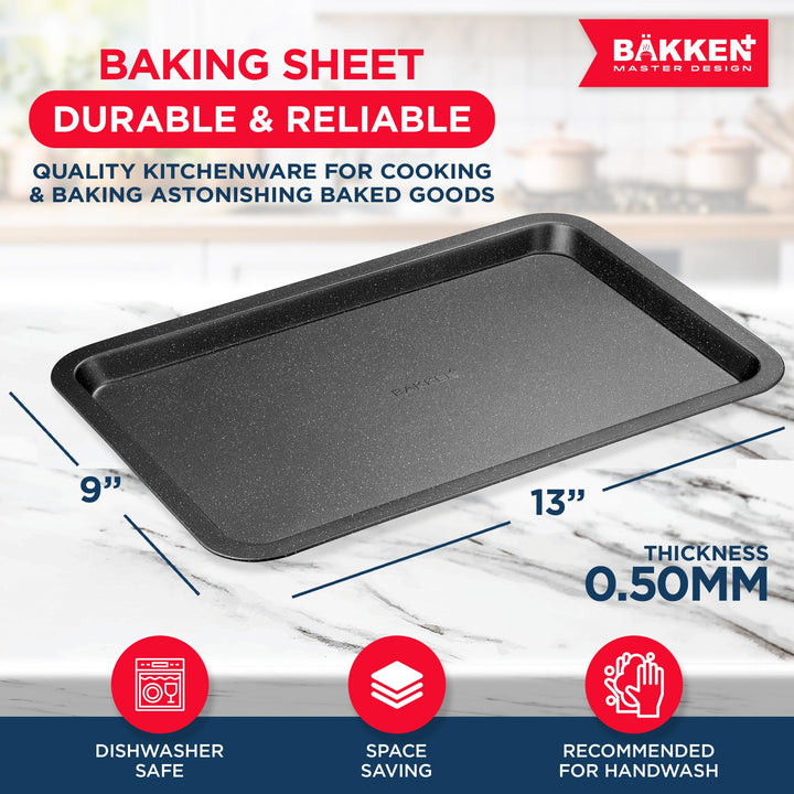 BAKKEN Kitchen Baking Pans - Nonstick Gray Coating, 13.18’’ × 8.66’’ Commercial Grade Carbon Steel Cookie Sheet, Baking Kitchen Essentials, PFOA, PFOS, PTFE Free, Oven Safe Tray (450° F), Gray