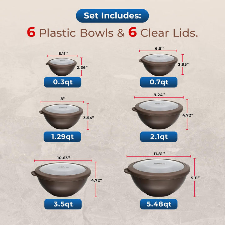 Bakken Master 12 Piece Plastic Nesting Bowls with Lids - Mixing Bowls Set includes 6 Prep Bowls and 6 Lids, BPA-Free, Reusable Meal Prep Containers, Microwave, Freezer & Dishwasher Safe, Brown