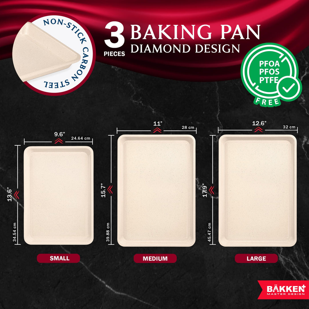 BAKKEN Kitchen Baking Pan - Small, Medium, and Large Cookie Pan (13.58×9.65, 15.75×11, 17.91×12.60), Nonstick, Diamond Texture Bottom, PFOA, PFOS, PTFE Free, Oven Safe (450°F), Pack of 3, White Marble