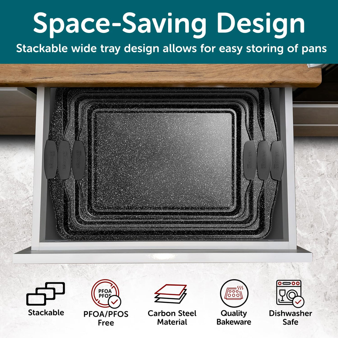 BAKKEN Kitchen Baking Pans - Medium (15.15 × 10.03") and Large (17.1 x 11.8") Nonstick Sheets, Carbon Steel Cookie Sheets with Gray Silicone Handles, PFOA, PFOS, PTFE Free, Oven Safe (450°F), Set of 2