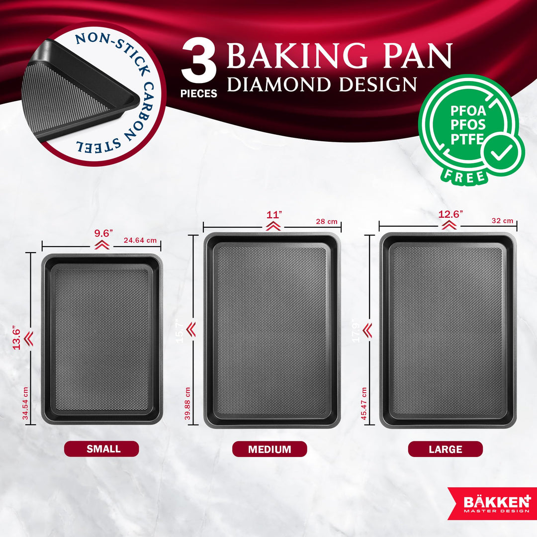 BAKKEN Kitchen Baking Pans - Small, Medium, and Large Cookie Pan (13.58×9.65, 15.75×11, 17.91×12.60), Nonstick, Diamond Texture Bottom, PFOA, PFOS, PTFE Free, Oven Safe Tray (450°F), Pack of 3, Gray