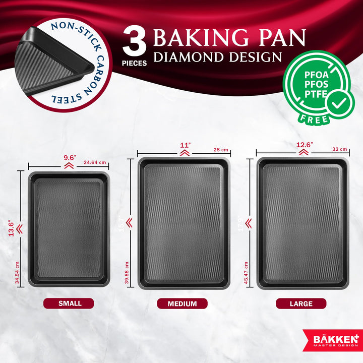 BAKKEN Kitchen Baking Pans - Small, Medium, and Large Cookie Pan (13.58×9.65, 15.75×11, 17.91×12.60), Nonstick, Diamond Texture Bottom, PFOA, PFOS, PTFE Free, Oven Safe Tray (450°F), Pack of 3, Gray