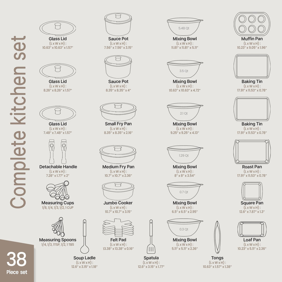 Bakken Master 38 Piece Granite Cookware and Bakeware Set – Nonstick Granite Coating, Pots and Pans with Detachable Handles and Tempered Glass Lids, 6-piece Bakeware set, 12-piece Mixing Bowls, White