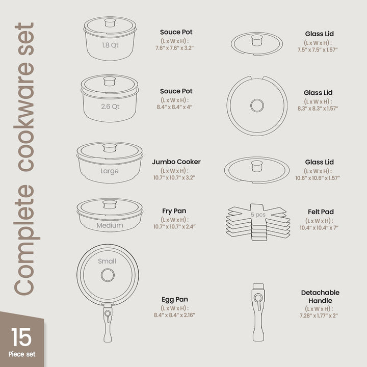 Kitchen Cookware Set - Nonstick Granite Coating, Pots and Pans with Handles and Tempered Glass Lids, PFOA, PFOS, PTFE Free, Ceramic Max Temperature (Up To 500° F), Set of 15 - Dark Gray