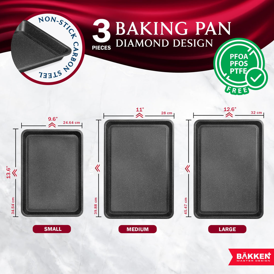 BAKKEN Kitchen Baking Pans - Small, Medium, and Large Cookie Pan (13.58×9.65, 15.75×11, 17.91×12.60), Nonstick, Diamond Texture Bottom, PFOA, PFOS, PTFE Free, Oven Safe (450°F), Pack of 3, Gray Marble