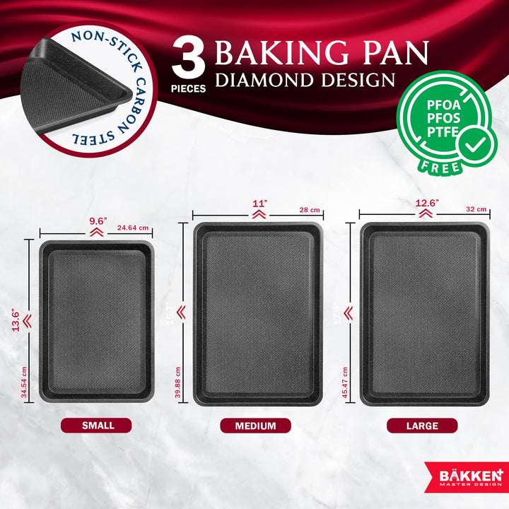 BAKKEN Kitchen Baking Pans - Small, Medium, and Large Cookie Pan (13.58×9.65, 15.75×11, 17.91×12.60), Nonstick, Diamond Texture Bottom, PFOA, PFOS, PTFE Free, Oven Safe (450°F), Pack of 3, Gray Marble