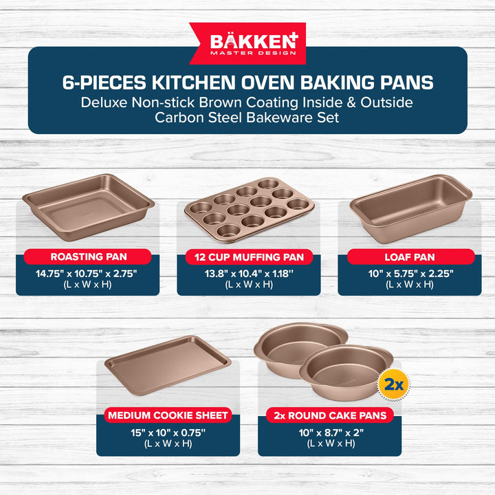 BAKKEN 6-Piece Kitchen Baking Pan Set - Commercial Grade Carbon Steel Bakeware, With Nonstick Coating, Stackable and Space-saving Design, PFOA, PFOS, PTFE Free, Oven Safe Tray (Up To 450°F), Brown