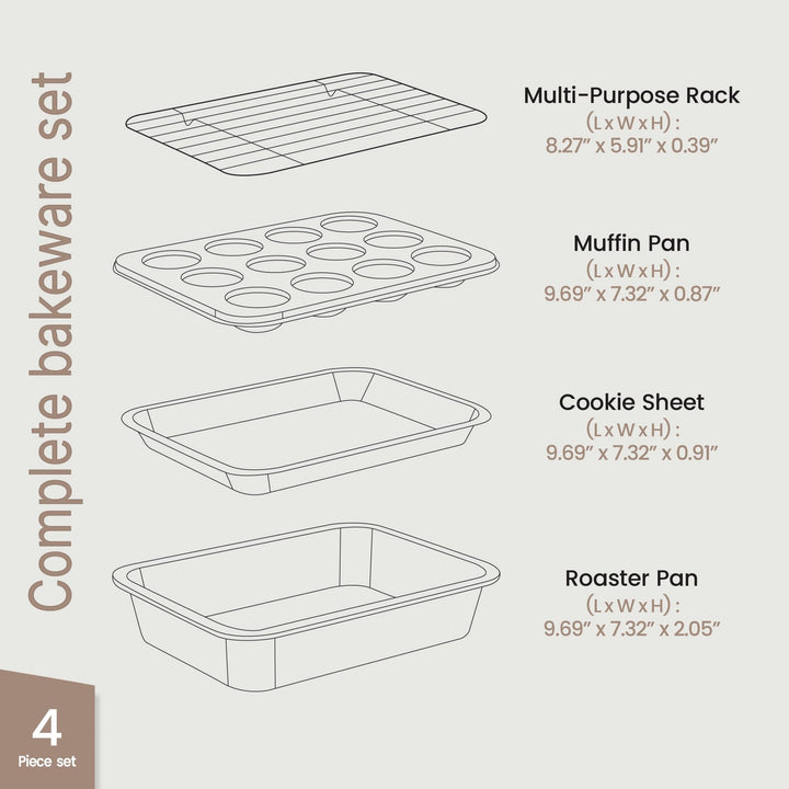 Bakken 4-Piece Bakeware Sets, Nonstick Carbon Steel Baking Sheet, Stackable Space-Saving Bakeware, Dishwasher Safe, Stain-resistant, Oven Safe Up To 450°F