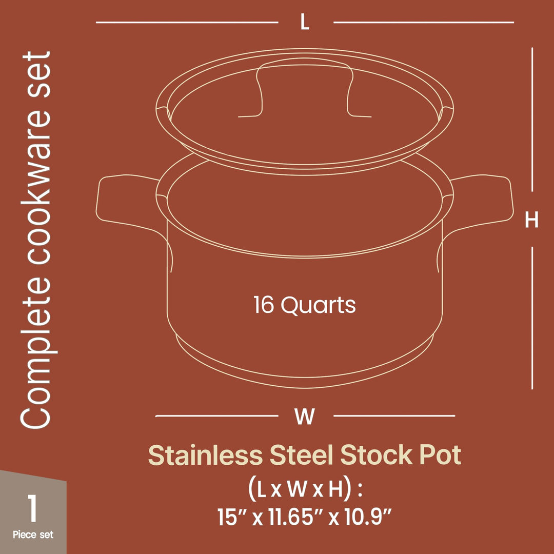 Stockpot – 16 Quart – Brushed Stainless Steel – Heavy Duty Induction Pot with Lid and Riveted Handles – For Soup, Seafood, Stock, Canning and for Catering for Large Groups and Events by BAKKEN