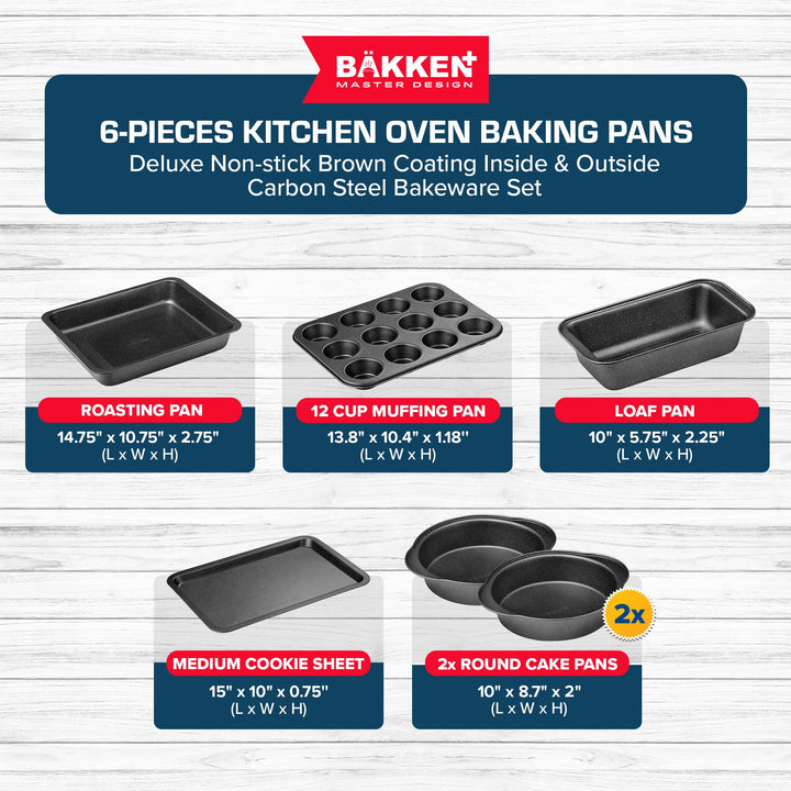 BAKKEN 6-Piece Kitchen Baking Pan Set - Commercial Grade Carbon Steel Bakeware, With Nonstick Coating, Stackable and Space-saving Design, PFOA, PFOS, PTFE Free, Oven Safe (Up To 450°F), Gray Marble