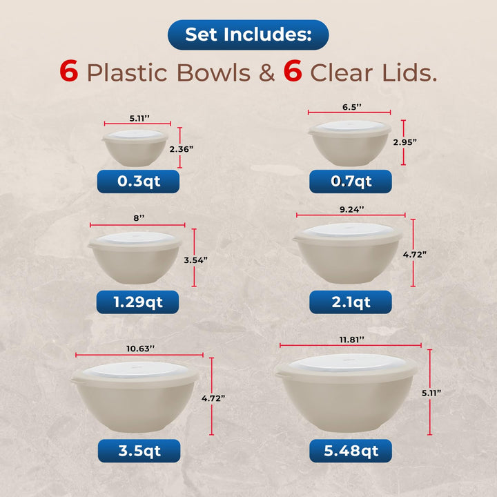 Bakken Master 12 Piece Plastic Nesting Bowls with Lids - Mixing Bowls Set includes 6 Prep Bowls and 6 Lids, BPA-Free, Reusable Meal Prep Containers, Microwave, Freezer & Dishwasher Safe, White Cream