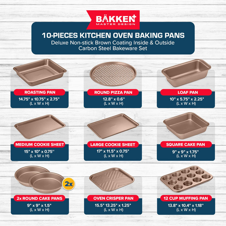 BAKKEN 10-Piece Kitchen Baking Pan Set - Commercial Grade Carbon Steel Bakeware, With Nonstick Coating, Stackable and Space-saving Design, PFOA, PFOS, PTFE Free, Oven Safe Tray (Up To 450°F), Brown