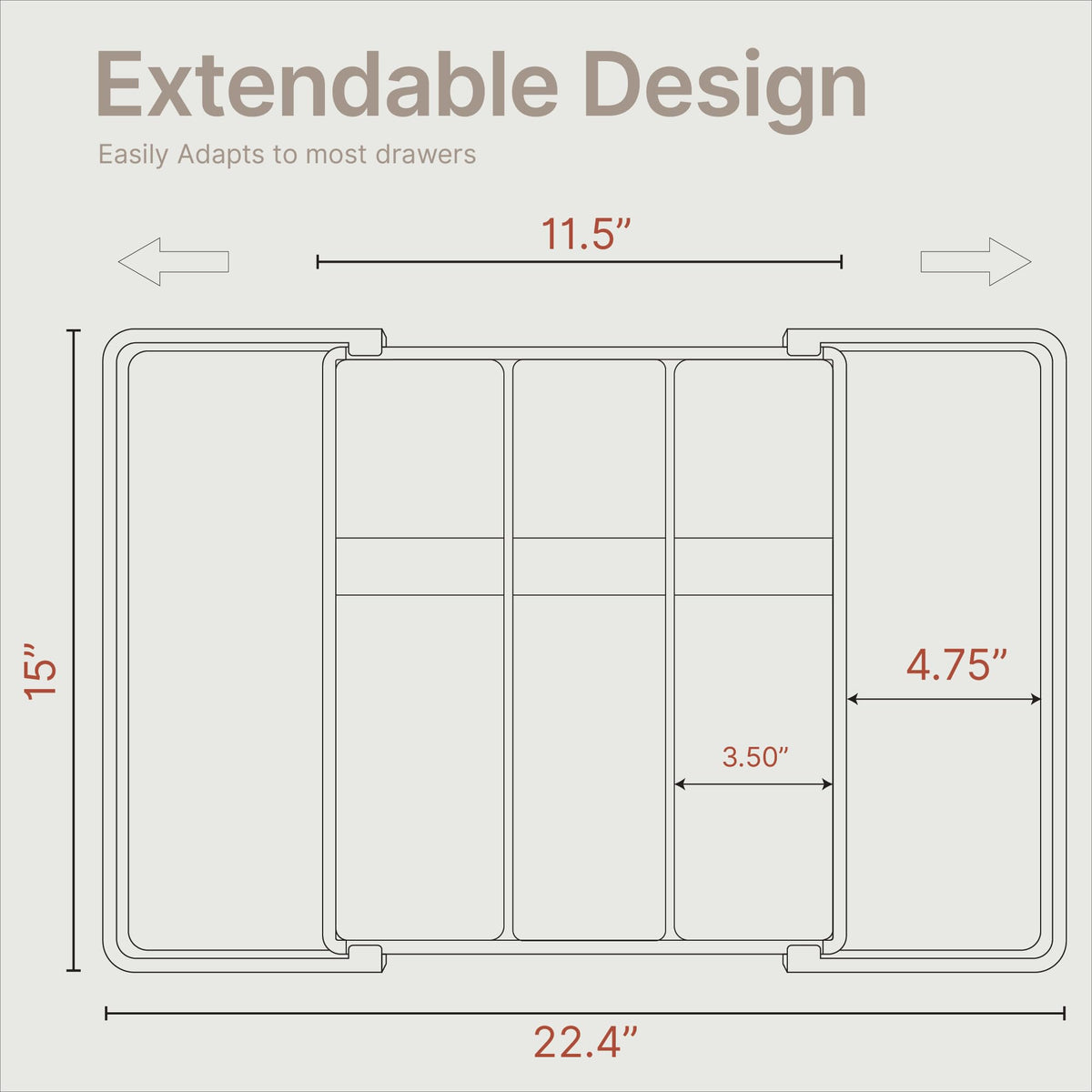 Bakken 5-Slot Expandable Drawer Organizer, 2-Pack – 13–22.4", Gray