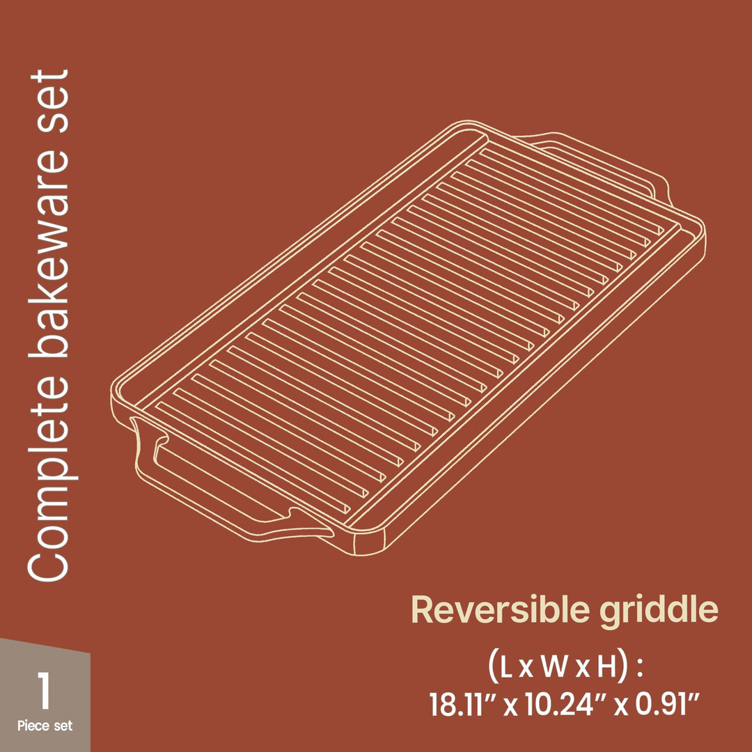 Bakken 18” Reversible Cast Iron Griddle, Flat & Grill Side, Dual Burner Cooking Plate for Pancakes, Meats & Veggies, Pre-Seasoned, Nonstick, Oven & Campfire Safe, Heavy-Duty Griddle Top with Mitt