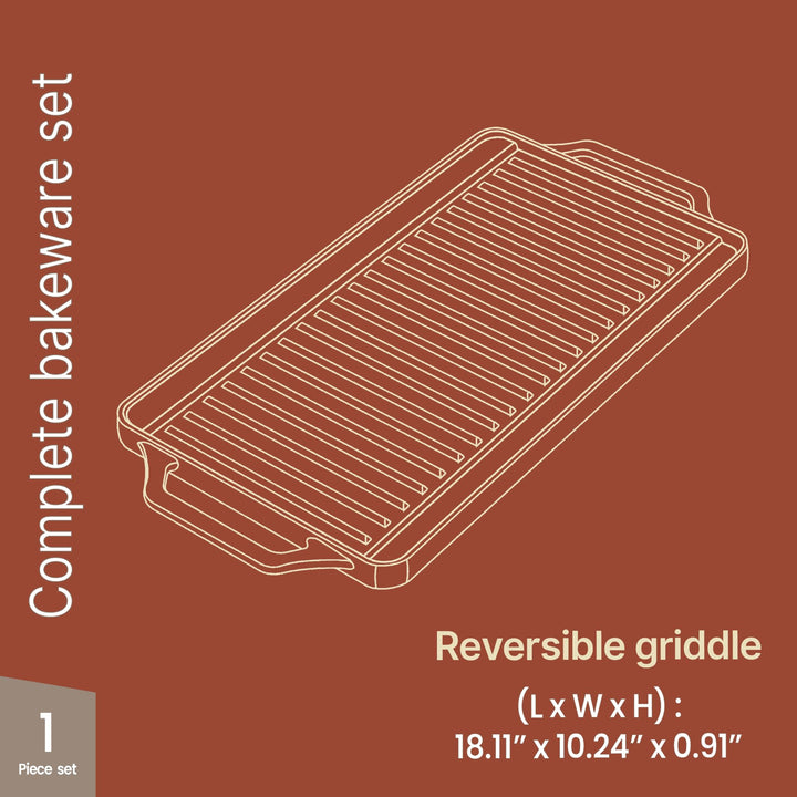 Bakken 18” Reversible Cast Iron Griddle, Flat & Grill Side, Dual Burner Cooking Plate for Pancakes, Meats & Veggies, Pre-Seasoned, Nonstick, Oven & Campfire Safe, Heavy-Duty Griddle Top with Mitt