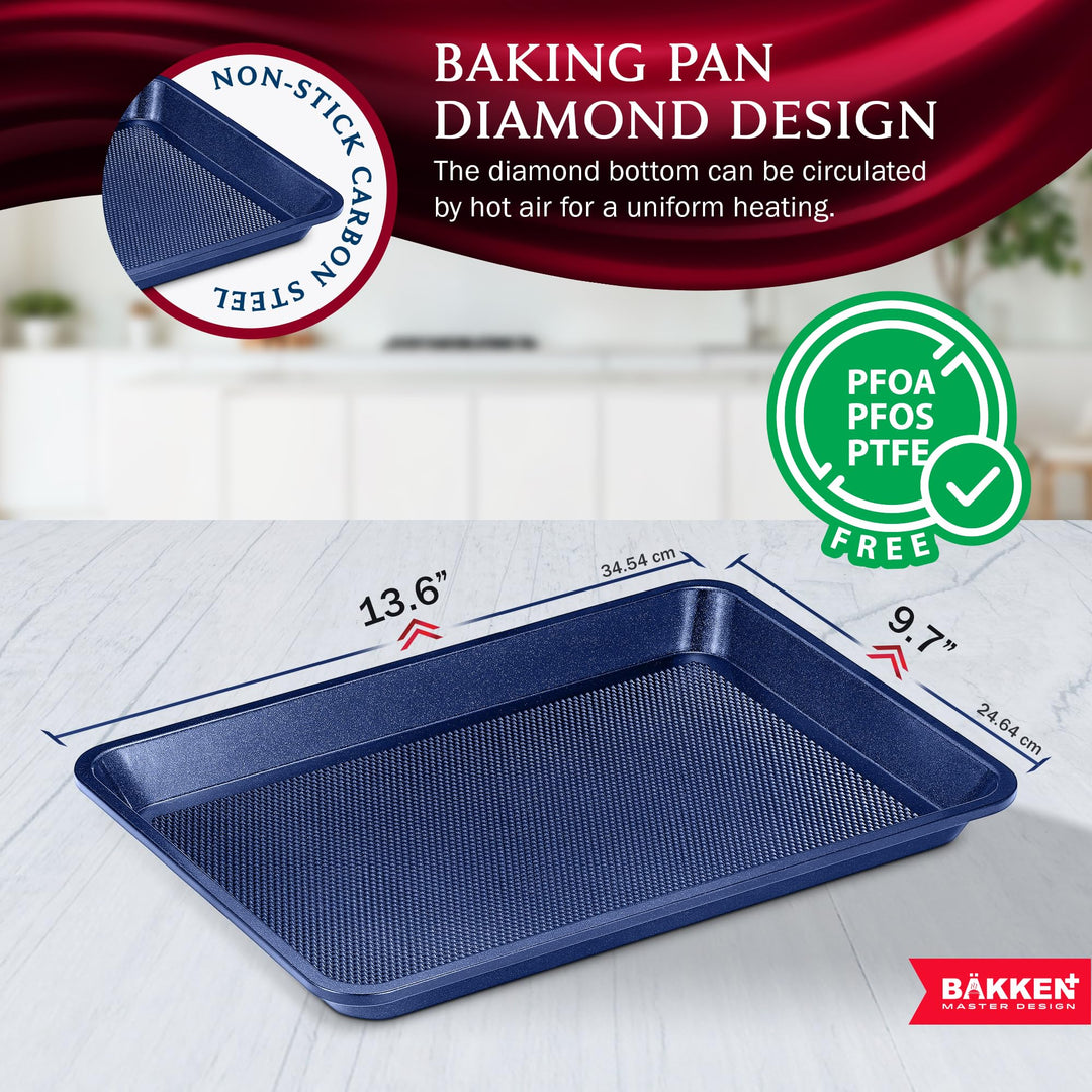 BAKKEN Kitchen Baking Pans - Nonstick Blue Coating, 13.58’’ × 9.65’’ Commercial Grade Carbon Steel Cookie Sheet, Diamond Texture Bottom, PFOA, PFOS, PTFE Free, Oven Safe Tray (450°F), Blue