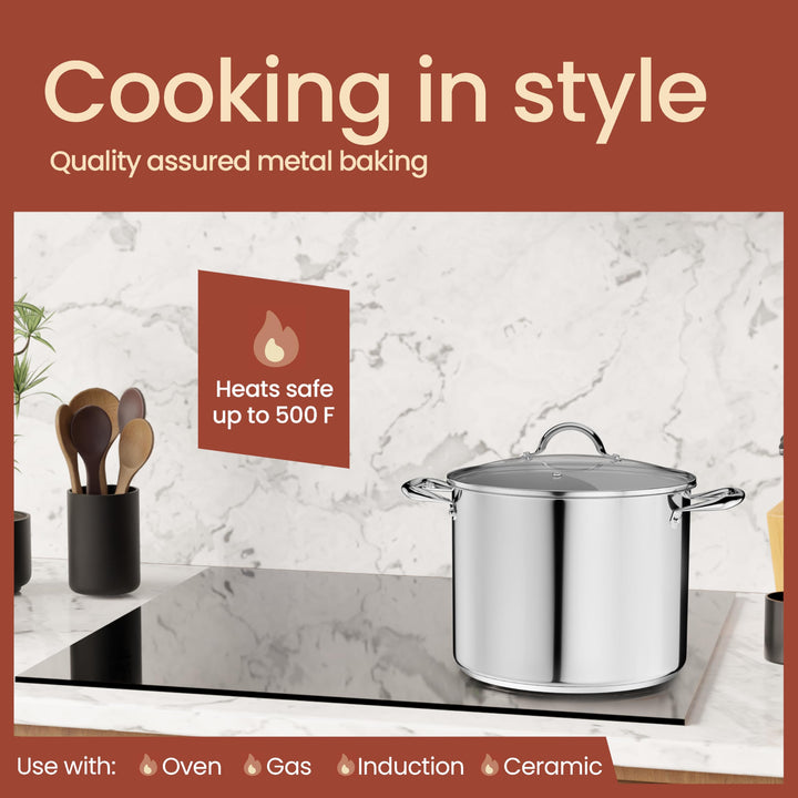 Stainless Steel Stockpot with Tempered Glass Lid 16 Quart, Durable 18/0 Stainless Steel, Impact-Bonded Base for Even Heating, Riveted Handles, Oven & All Stove Compatible, Safe Up To 500°F (260°C)