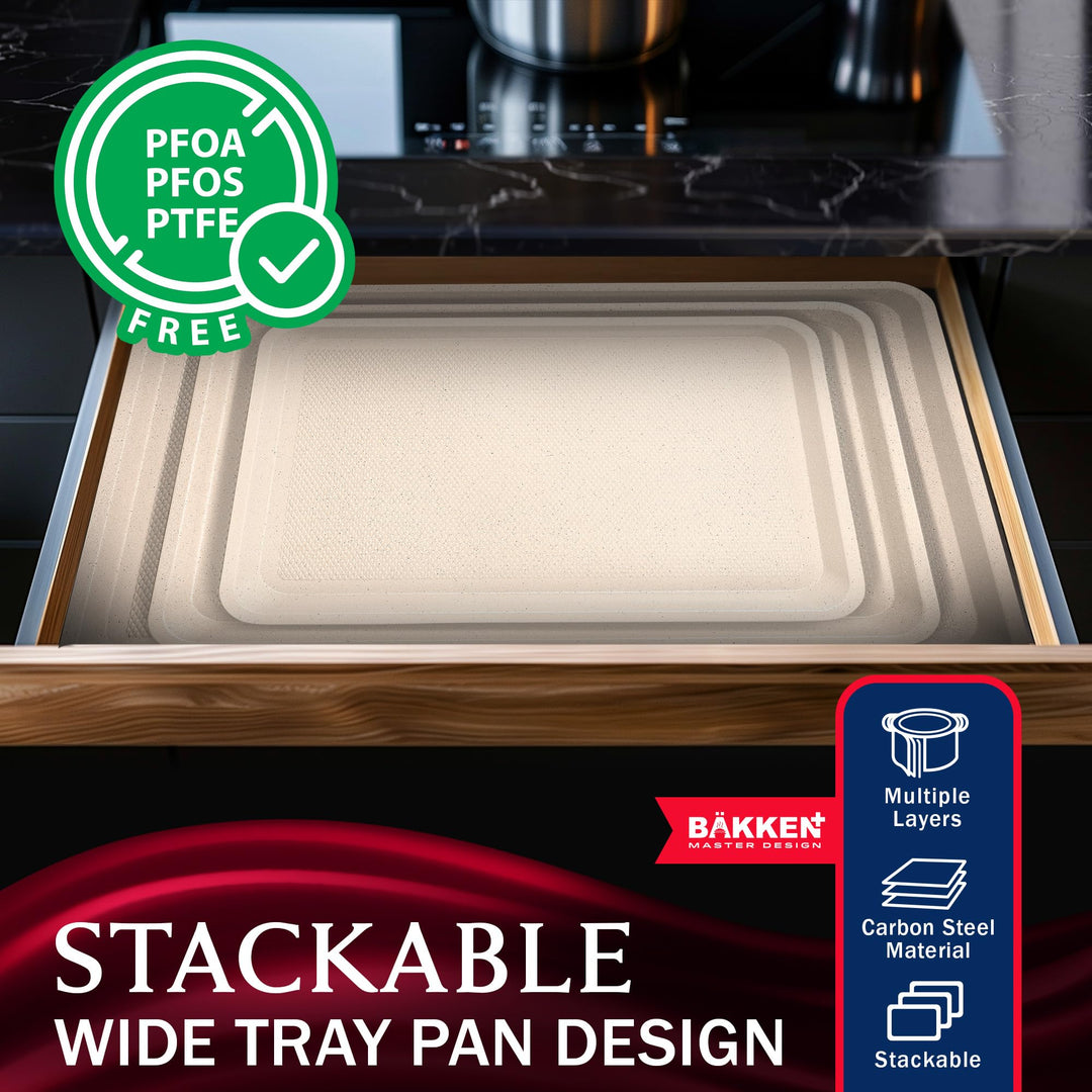 BAKKEN Kitchen Baking Pan - Small, Medium, and Large Cookie Pan (13.58×9.65, 15.75×11, 17.91×12.60), Nonstick, Diamond Texture Bottom, PFOA, PFOS, PTFE Free, Oven Safe (450°F), Pack of 3, White Marble