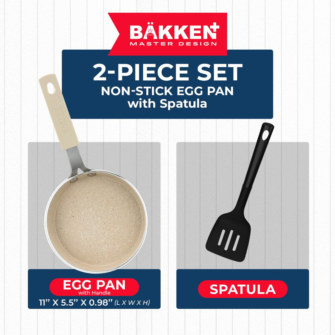 2-Piece Mini Pan Set – 5.5’’ Non-Stick Egg Pan with Spatula, Cool-Touch Handles, Heat-Resistant Up To 400° F, Food-Grade Safe, For Gas, Electric and Ceramic Cooktops, Marble Warm Cream