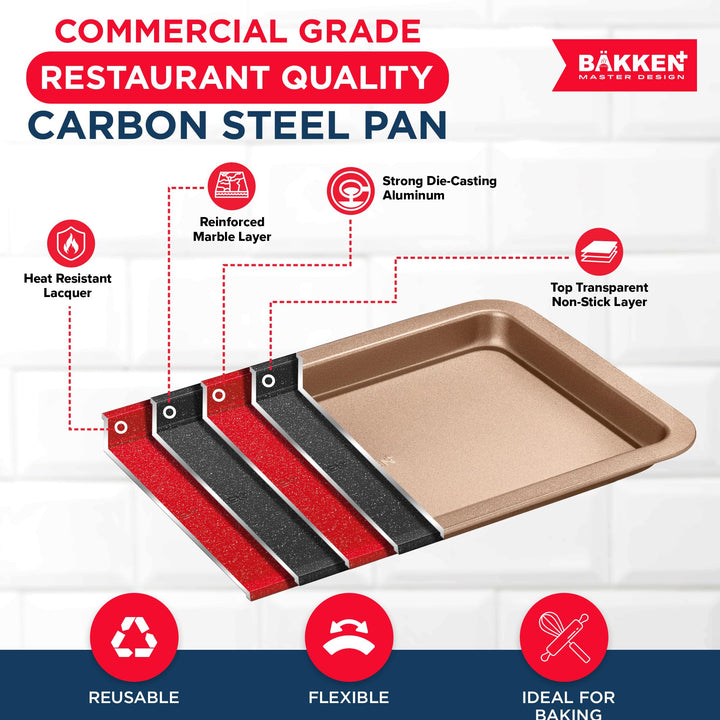BAKKEN Kitchen Baking Pans - Nonstick Brown Coating, 13.18’’ × 8.66’’ Commercial Grade Carbon Steel Cookie Sheet, Baking Kitchen Essentials, PFOA, PFOS, PTFE Free, Oven Safe Tray (450° F), Brown