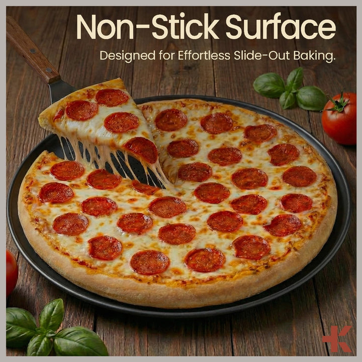 Bakken 16 Inch Non-Stick Pizza Pan, Round Carbon Steel Pizza Tray with Perforated Holes, PFOA, Dishwasher & Oven Safe Up To 450°F, Durable Nonstick CoatingBakken 16" Nonstick Pizza Pan 2 Pack, Carbon Steel Perforated Baking Tray, Black