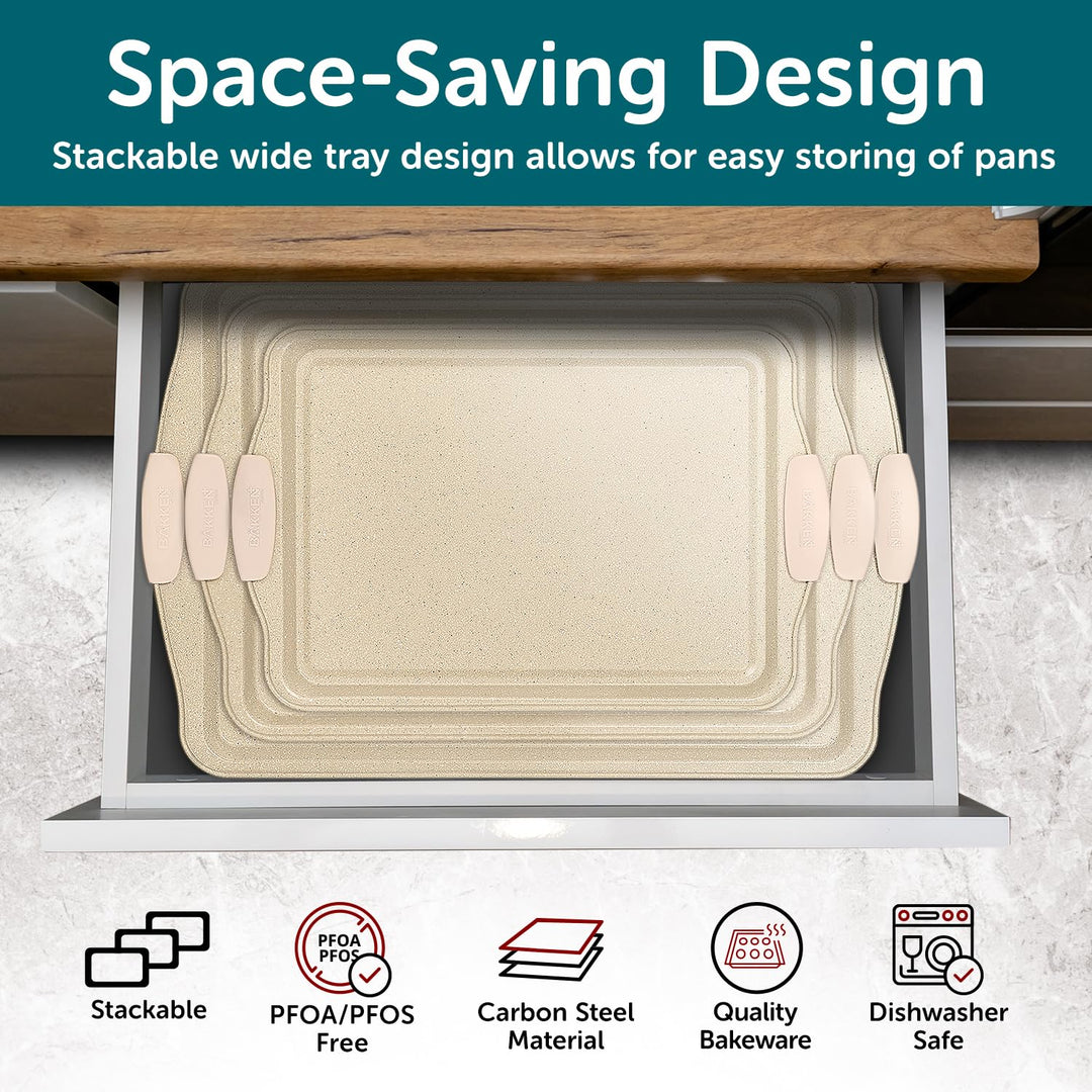 BAKKEN Kitchen Baking Pans - Medium (15.15 × 10.03") and Large (17.1 x 11.8") Nonstick Sheets, Carbon Steel Cookie Sheets with White Silicone Handle, PFOA, PFOS, PTFE Free, Oven Safe (450°F), Set of 2