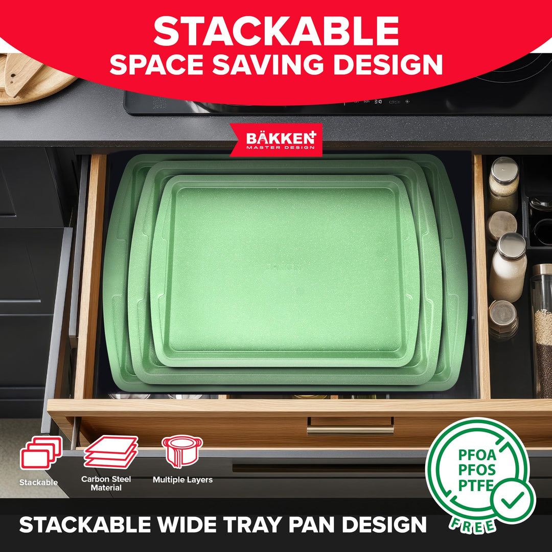 BAKKEN Kitchen Baking Pan Set - Nonstick Green Marble Coating, Commercial Grade Carbon Steel Bakeware Sets, Baking Kitchen Essentials, PFOA, PFOS, PTFE Free, Oven Safe Tray (Up To 450° F), Set of 3