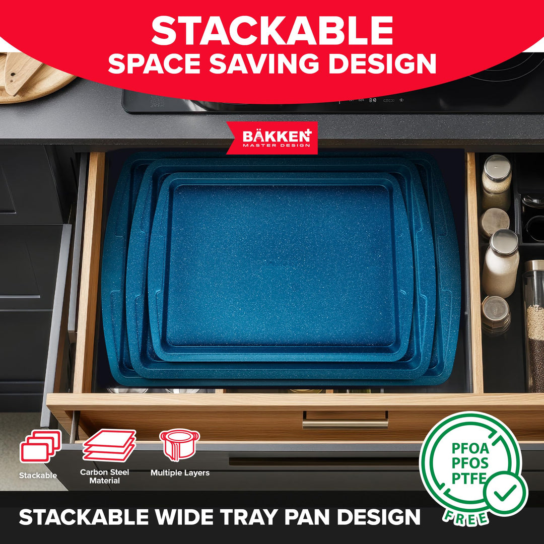 BAKKEN Kitchen Baking Pan Set - Nonstick Coating, Commercial Grade Carbon Steel Bakeware Sets, Baking Kitchen Essentials, PFOA, PFOS, PTFE Free, Oven Safe Tray (Up To 450° F), Set of 3, Blue Marble