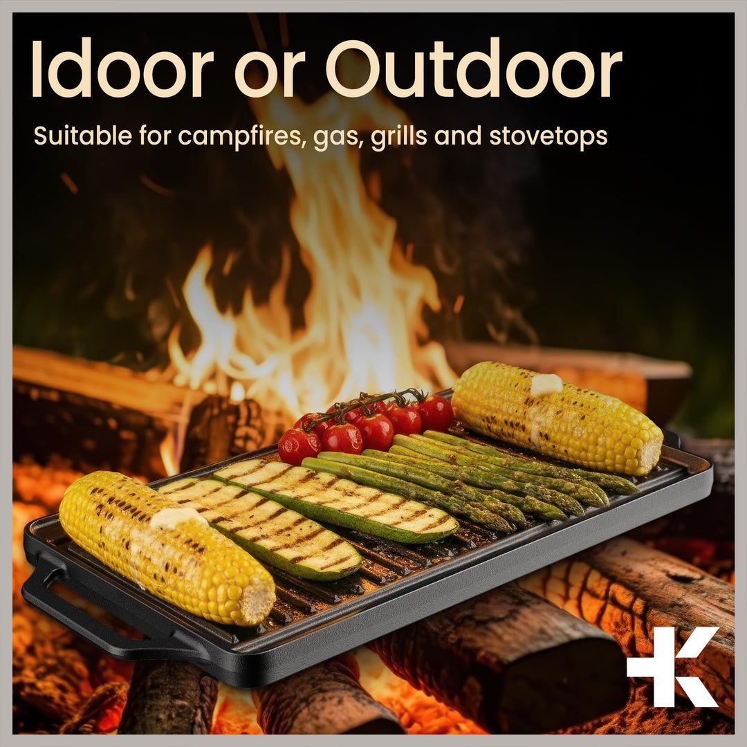 Bakken 18” Reversible Cast Iron Griddle, Flat & Grill Side, Dual Burner Cooking Plate for Pancakes, Meats & Veggies, Pre-Seasoned, Nonstick, Oven & Campfire Safe, Heavy-Duty Griddle Top with Mitt