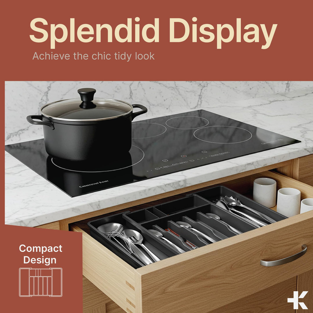 Gray Expandable Utensil Drawer Organizer 1 Pack, Adjustable 13” to 22.4”, 8 Compartment Silverware Organizer for Kitchen Utensils, Spatulas, Cutlery, and Tools, Easy to Clean, Durable, and BPA-Free