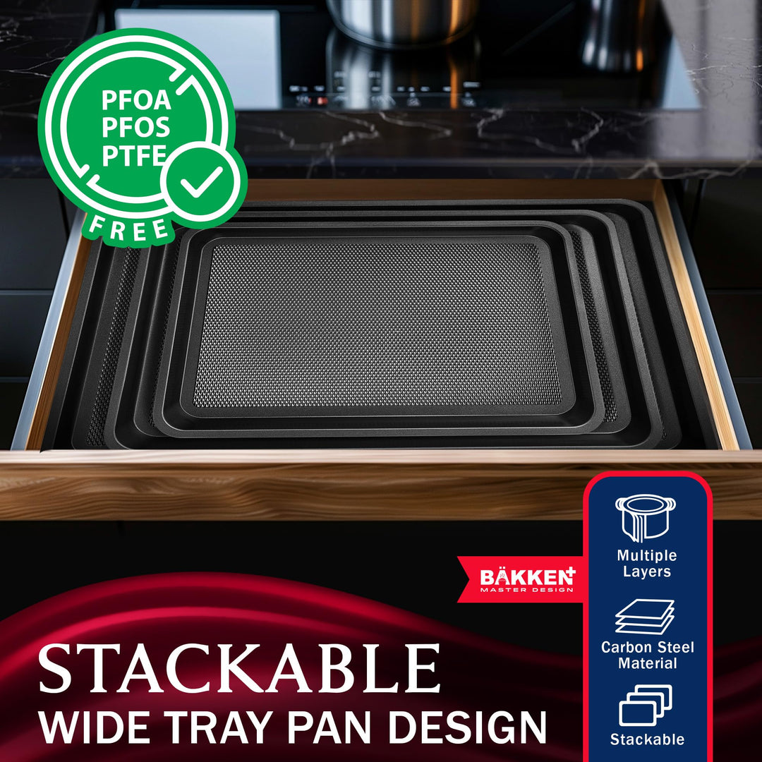 BAKKEN Kitchen Baking Pans - Small, Medium, and Large Cookie Pan (13.58×9.65, 15.75×11, 17.91×12.60), Nonstick, Diamond Texture Bottom, PFOA, PFOS, PTFE Free, Oven Safe Tray (450°F), Pack of 3, Gray