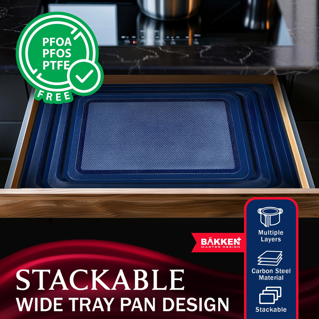 BAKKEN Kitchen Baking Pan - Small, Medium, and Large Cookie Sheet  Nonstick, Diamond Texture Bottom, PFOA, PFOS, PTFE Free, Oven Safe Tray (450°F), Pack of 3, Blue