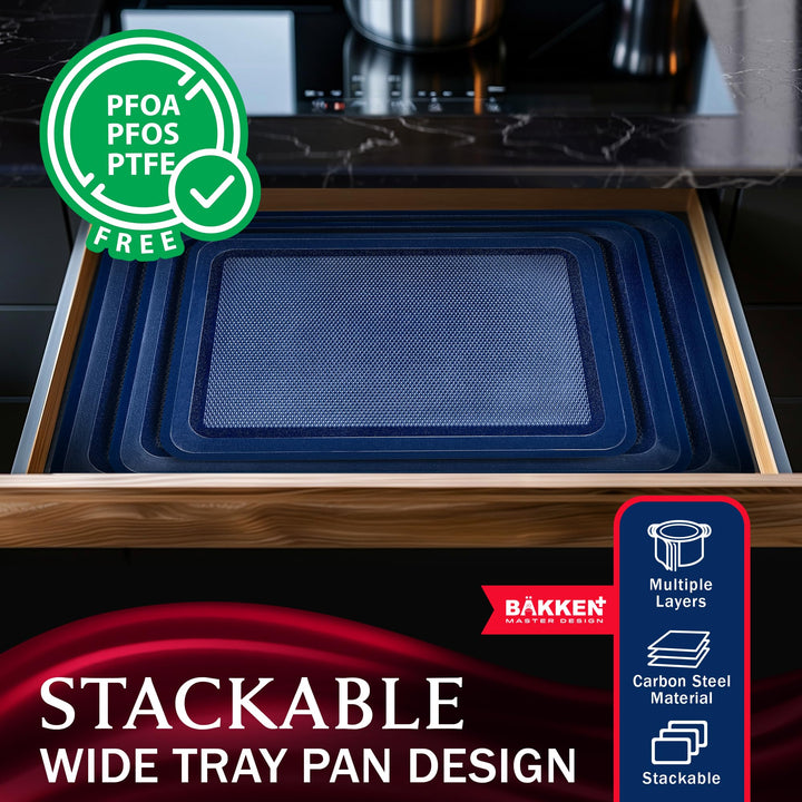 BAKKEN Kitchen Baking Pan - Small, Medium, and Large Cookie Sheet  Nonstick, Diamond Texture Bottom, PFOA, PFOS, PTFE Free, Oven Safe Tray (450°F), Pack of 3, Blue