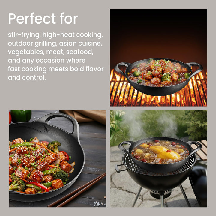 Bakken Pre-Seasoned Cast Iron Wok with Wooden Lid, 14" Stir Fry Pan for Gas, Electric, Induction & Open Fir, Heavy-Duty Flat Bottom Wok with Dual Handles for Even Heating & High-Heat Cooking, 8.8 lbs