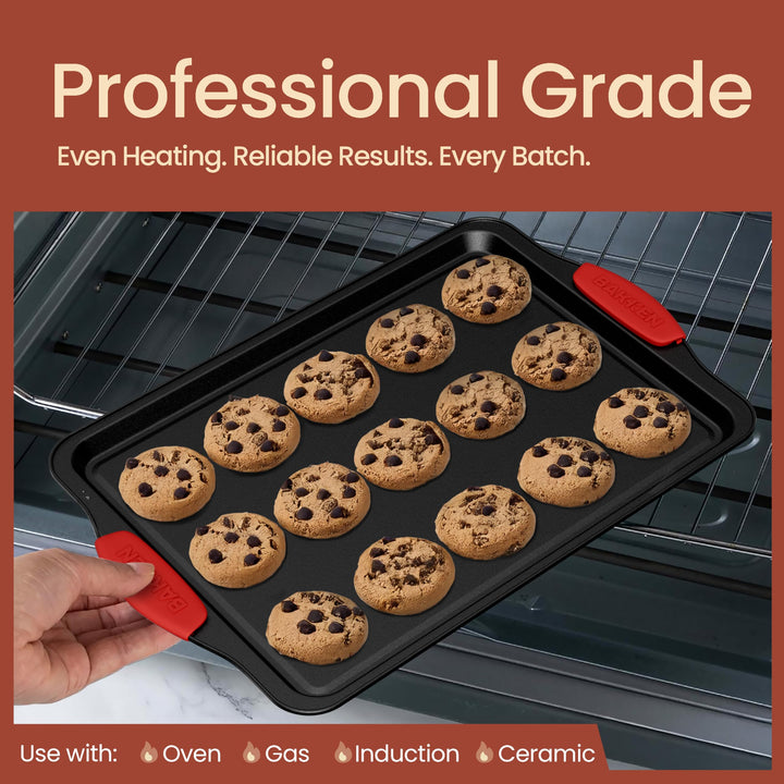 BAKKEN Kitchen Baking Pans - 15.15 x 10.03" Medium Nonstick Sheet, Durable Carbon Steel Cookie Sheet with Red Silicone Handles, PFOA, PFOS, PTFE Free, Oven Safe Tray (Up To 450°F), Set of 1