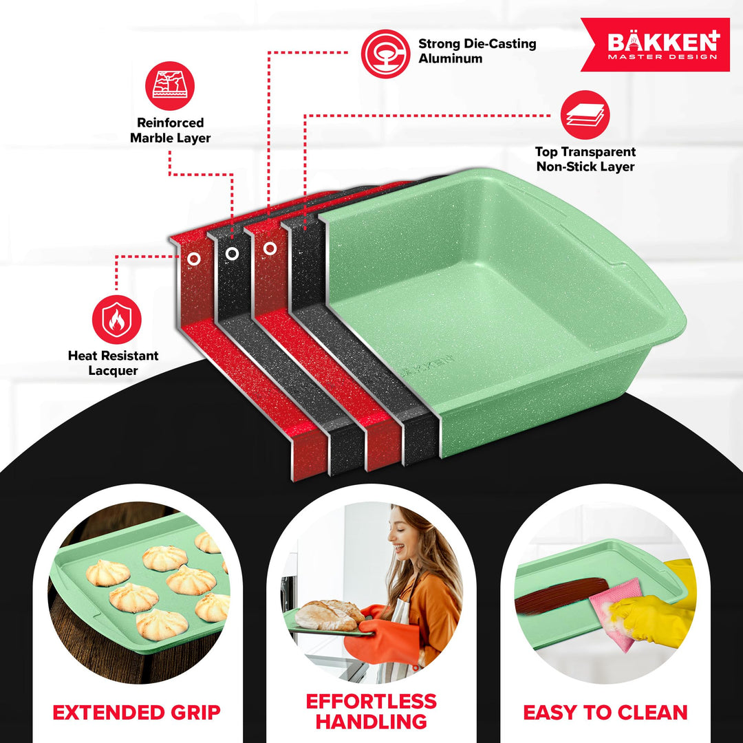 Green Marble 10-Piece Bakeware Sets, Nonstick Carbon Steel Baking Sheet & Pans, Stackable Space-Saving Bakeware, Dishwasher Safe, Stain-resistant, PFOA\PFOS\PTFE Free, Oven Safe Up To 450°F (230°C)