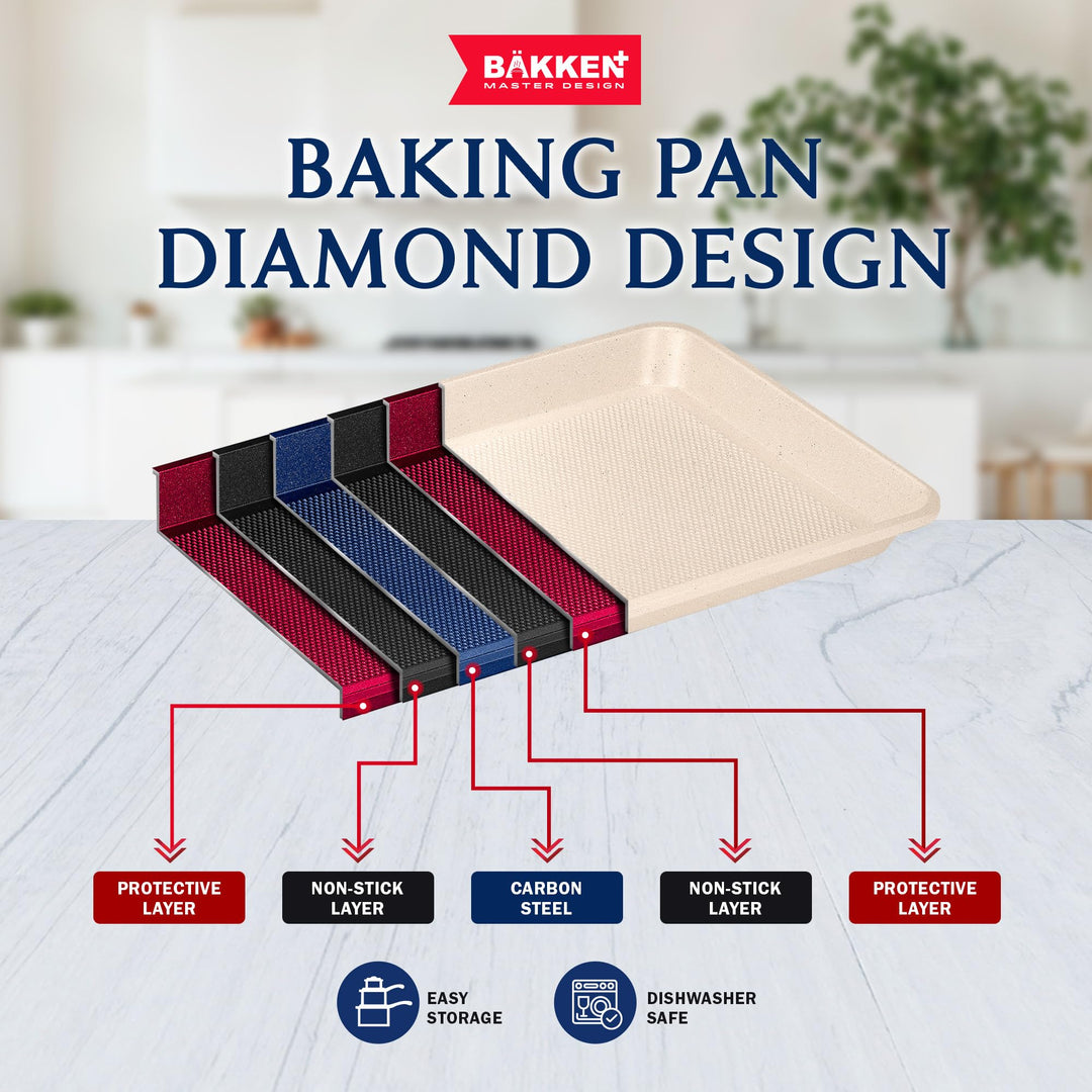 BAKKEN Kitchen Baking Pans - Nonstick White Coating, 13.58’’ × 9.65’’ Commercial Grade Carbon Steel Cookie Sheet, Diamond Texture Bottom, PFOA, PFOS, PTFE Free, Oven Safe Tray (450°F), White Marble