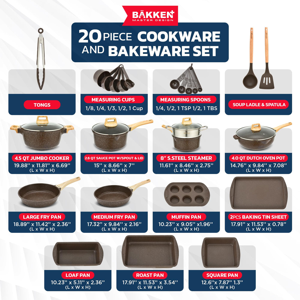 Bakken 20-Piece Cookware and Bakeware Set, Brown Marble Granite, photo 3 of 9