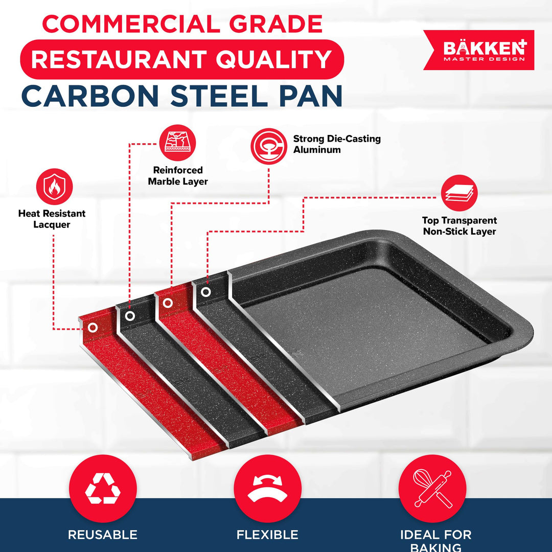 BAKKEN 3-Piece Kitchen Baking Pans - Small, Medium, and Large Cookie Pan, With Nonstick Coating, Stackable and Space-saving Design, PFOA, PFOS, PTFE Free, Oven Safe Tray (Up To 450°F), Gray Marble